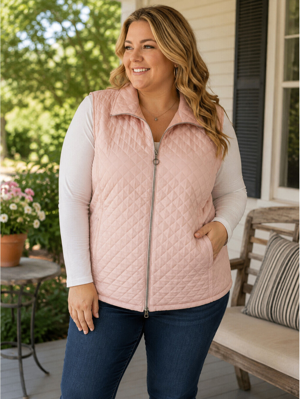 CJ Banks Womens Plus Size 2X Pink Quilted Full Zip Collared Vest Pockets Casual